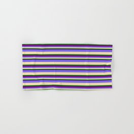 [ Thumbnail: Medium Slate Blue, Tan, Dark Green & Purple Colored Pattern of Stripes Hand & Bath Towel ]