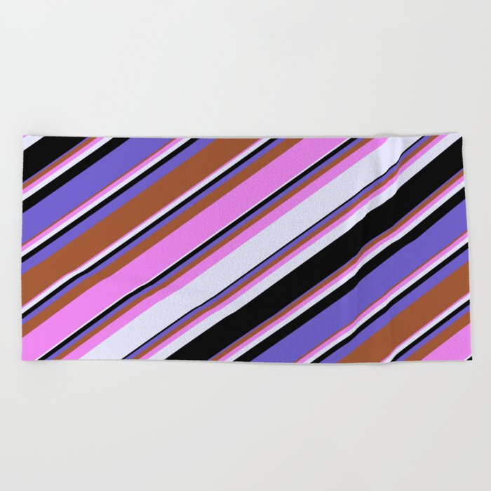 Vibrant Violet, Lavender, Black, Slate Blue, and Sienna Colored Lines/Stripes Pattern Beach Towel