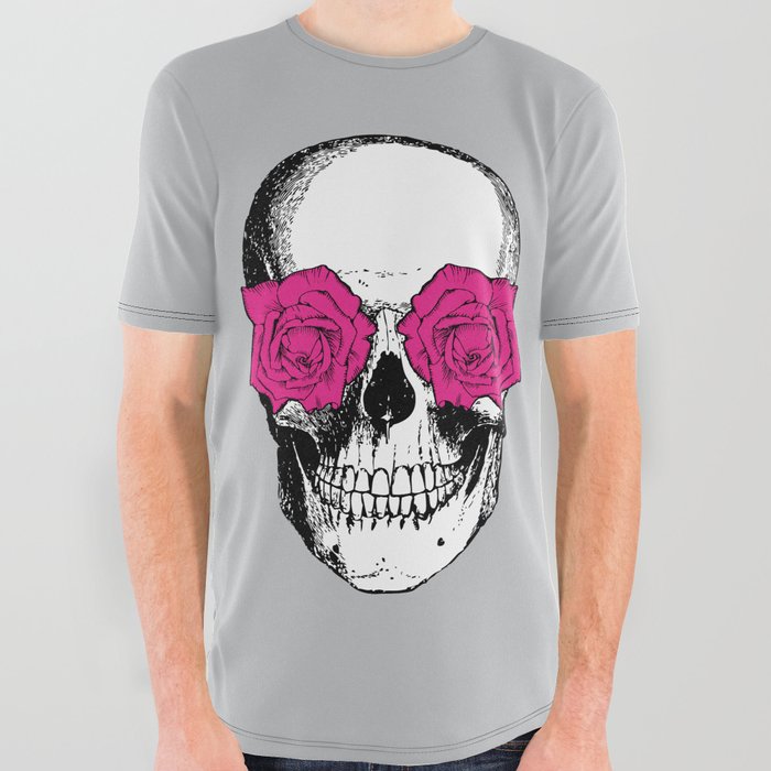 Skull and Roses | Skull and Flowers | Vintage Skull | Grey and Pink | All Over Graphic Tee
