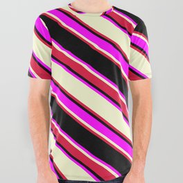 [ Thumbnail: Black, Fuchsia, Light Yellow & Crimson Colored Lined Pattern All Over Graphic Tee ]