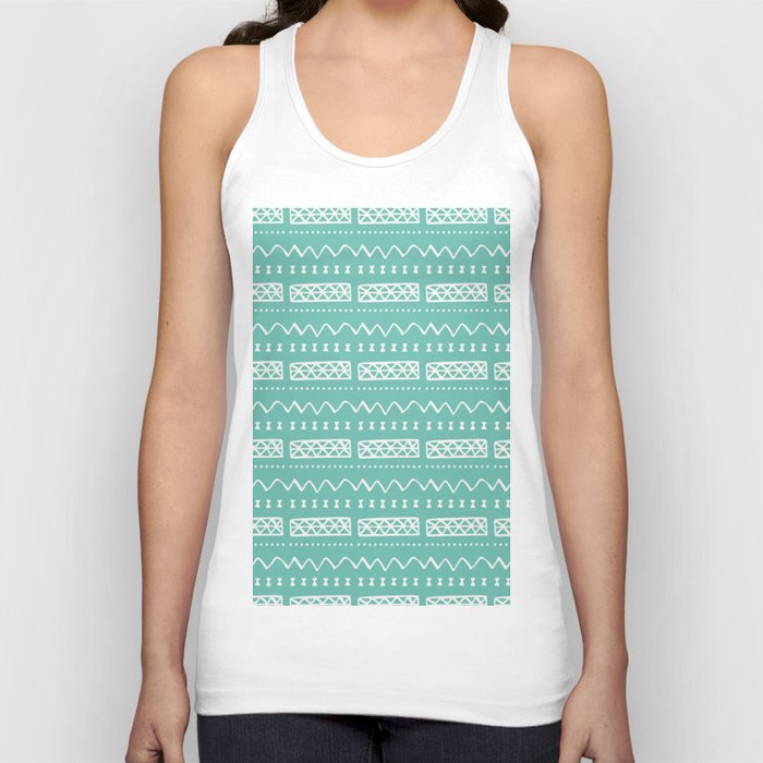 Zesty Zig Zag Bow Teal Blue and White Mud Cloth Pattern Tank Top
