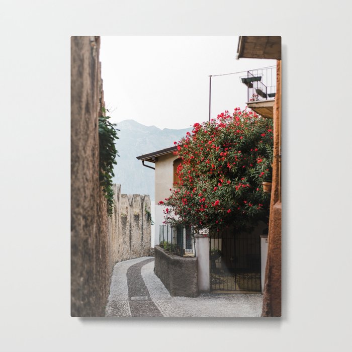 Street in Malcesine with a red flower tree | Italy Travel Photography | Lake Garda photo Metal Print
