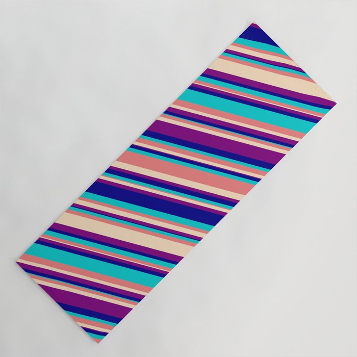 Light Coral, Bisque, Purple, Dark Blue, and Dark Turquoise Colored Lined/Striped Pattern Yoga Mat