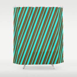 [ Thumbnail: Aqua and Brown Colored Lined/Striped Pattern Shower Curtain ]
