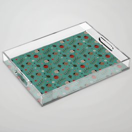 Ladybug and Floral Seamless Pattern on Green Blue Background Acrylic Tray