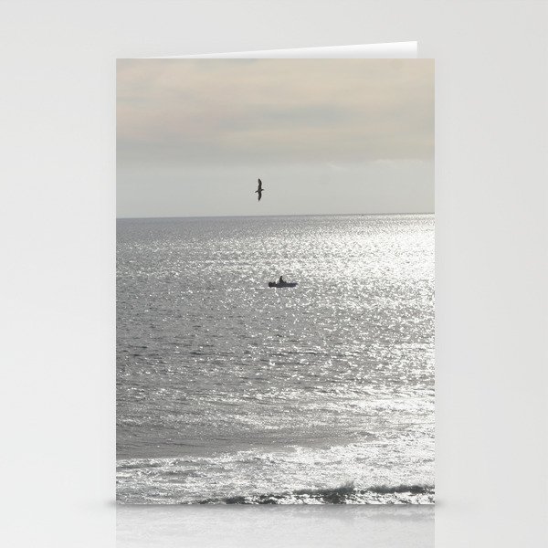 Silver sea boat and seagull seascape Stationery Cards