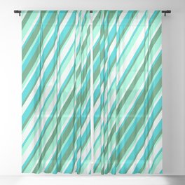 [ Thumbnail: Dark Turquoise, Sea Green, Aquamarine, and Mint Cream Colored Striped/Lined Pattern Sheer Curtain ]