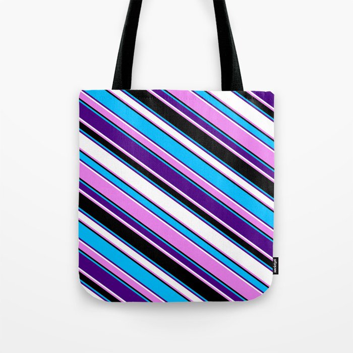 Eyecatching Deep Sky Blue, Indigo, White, Violet & Black Colored Stripes/Lines Pattern Tote Bag
