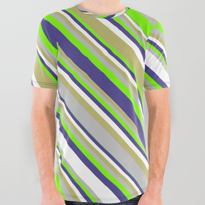 Eyecatching Green, Dark Slate Blue, White, Dark Khaki & Grey Colored Lined Pattern All Over Graphic Tee