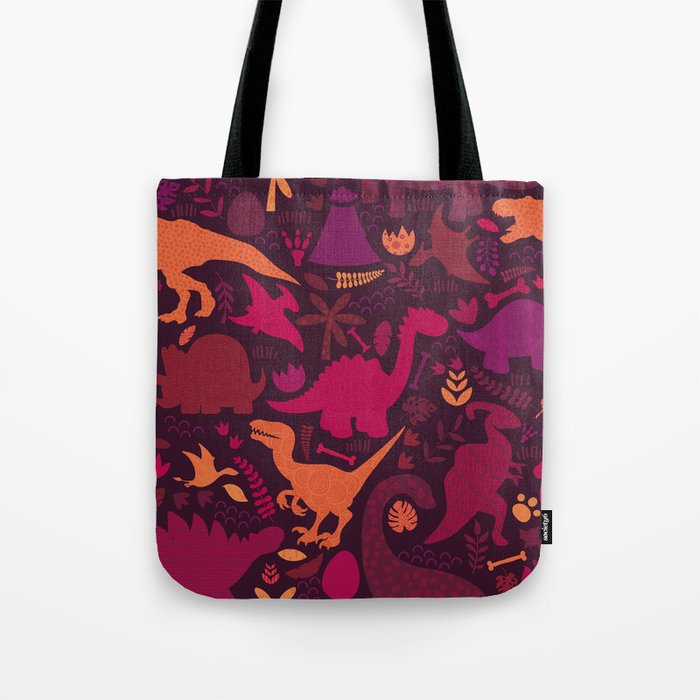 Dino Silhouette Doodle Pattern Red Tote Bag