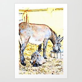 Baby donkey crouched next to the female donkey Art Print | Straw, Puppies, Femaledonkey, Color, Stable, Watercolor, Animal, Digital, Babydonkey, Painting 