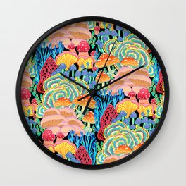 Fungi World (Mushroom world) - BKBG Wall Clock | Bright, Blossom, Acrylic, Botanical, Modern, Forest, Fungi, Colorful, Floral, Pop Art 