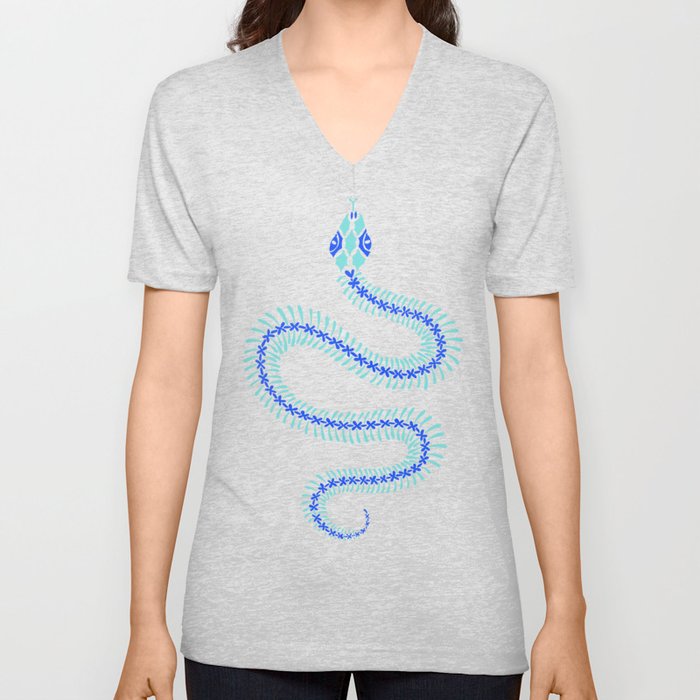Snake Skeleton – Blue & Cream V Neck T Shirt