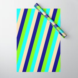 [ Thumbnail: Green, Cyan, Tan & Dark Blue Colored Stripes Pattern Wrapping Paper ]