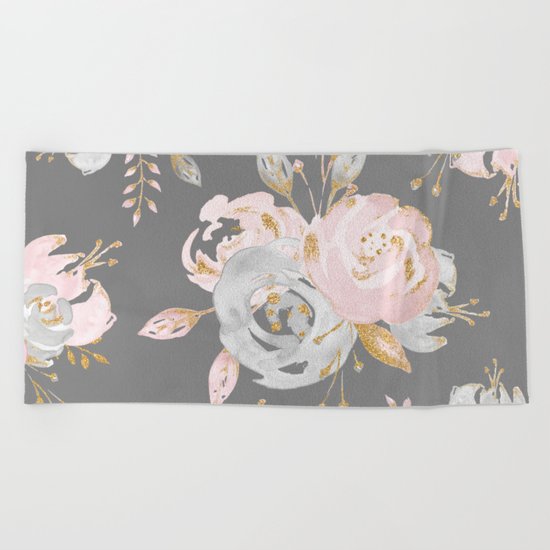 Night Rose Garden Gray Beach Towel