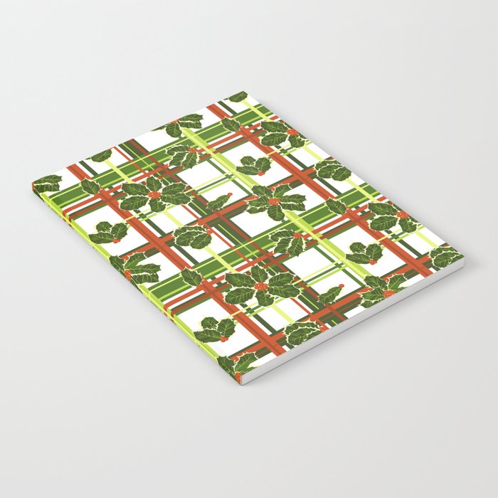 Red and Green Christmas Holly Berries Plaid on White Notebook