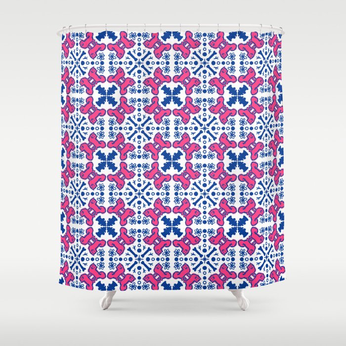 Daisy Dog Walk Retro Bandana Pattern Hot Pink and Navy Blue Shower Curtain