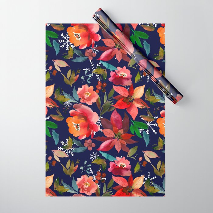 Christmas red orange burgundy navy blue white floral Wrapping Paper