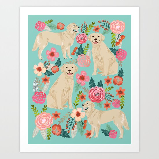 Golden retrievers must have florals mint pastel gender neutral dog art cute pet portraits labrador Art Print