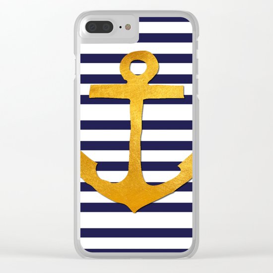 Marine pattern- blue white striped with golden anchor Clear iPhone Case