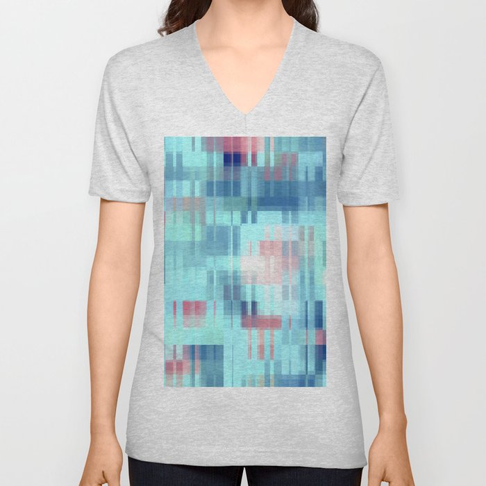 geometric pixel square pattern abstract background in blue brown V Neck T Shirt
