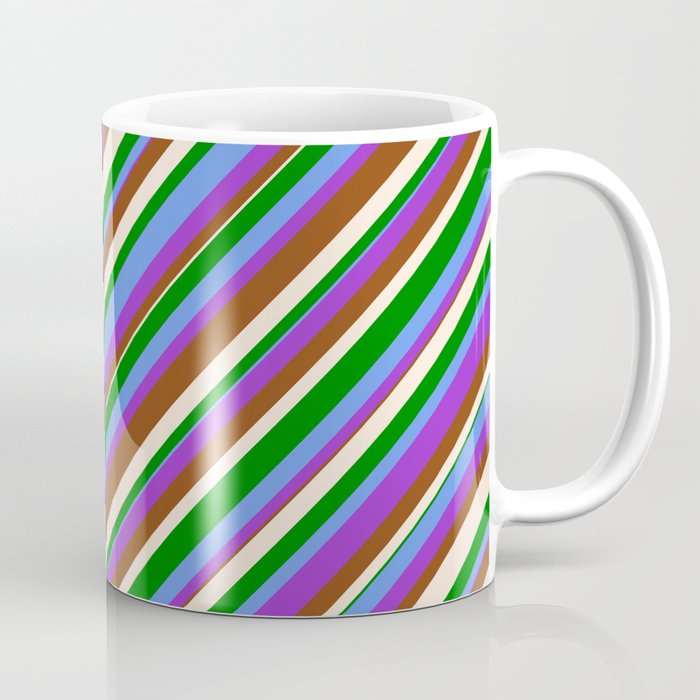 Colorful Cornflower Blue, Dark Orchid, Brown, Beige & Green Colored Lined/Striped Pattern Coffee Mug