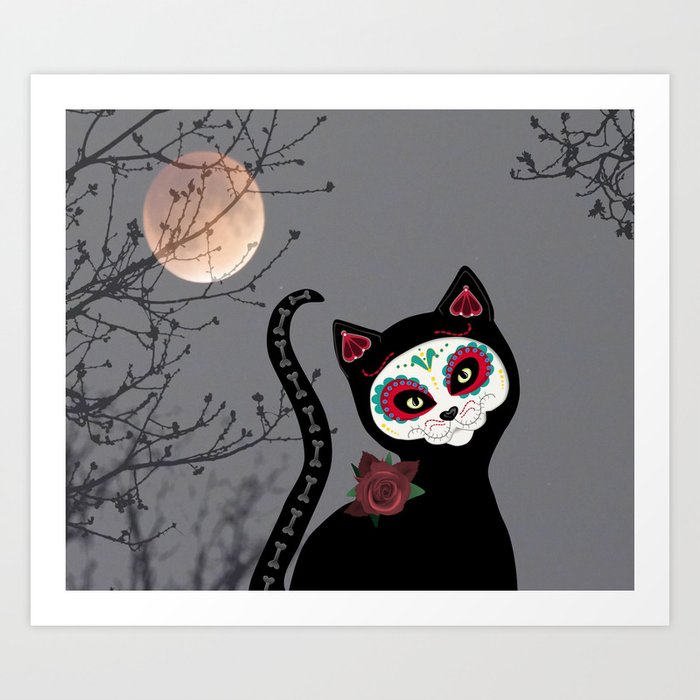 Sugar Skull Black Cat Art Print