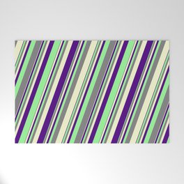 [ Thumbnail: Grey, Light Yellow, Indigo, and Green Colored Lines/Stripes Pattern Welcome Mat ]