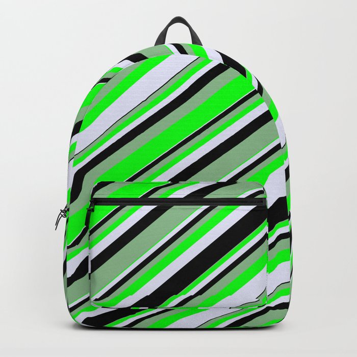 Dark Sea Green, Lime, Lavender, and Black Colored Lines/Stripes Pattern Backpack