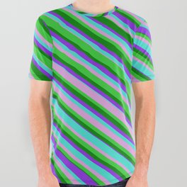 [ Thumbnail: Turquoise, Plum, Lime Green, Green & Purple Colored Lined Pattern All Over Graphic Tee ]