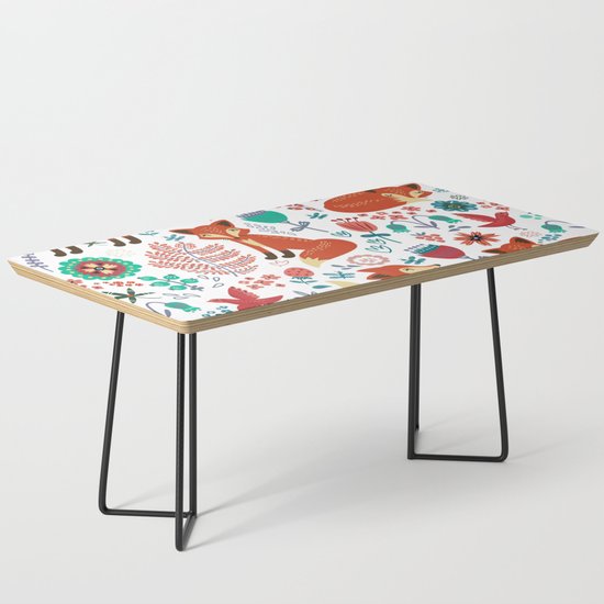 Red Foxes Flowers & Birds Pattern Coffee Table by artonwear | Society6