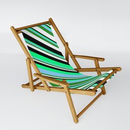 [ Thumbnail: Eyecatching Green, Light Sky Blue, Forest Green, White, and Black Colored Lines Pattern Sling Chair ]