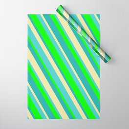 [ Thumbnail: Lime, Light Sea Green, Pale Goldenrod & Turquoise Colored Stripes/Lines Pattern Wrapping Paper ]