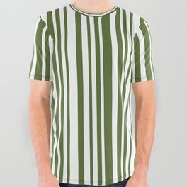 [ Thumbnail: Dark Olive Green & White Colored Stripes Pattern All Over Graphic Tee ]