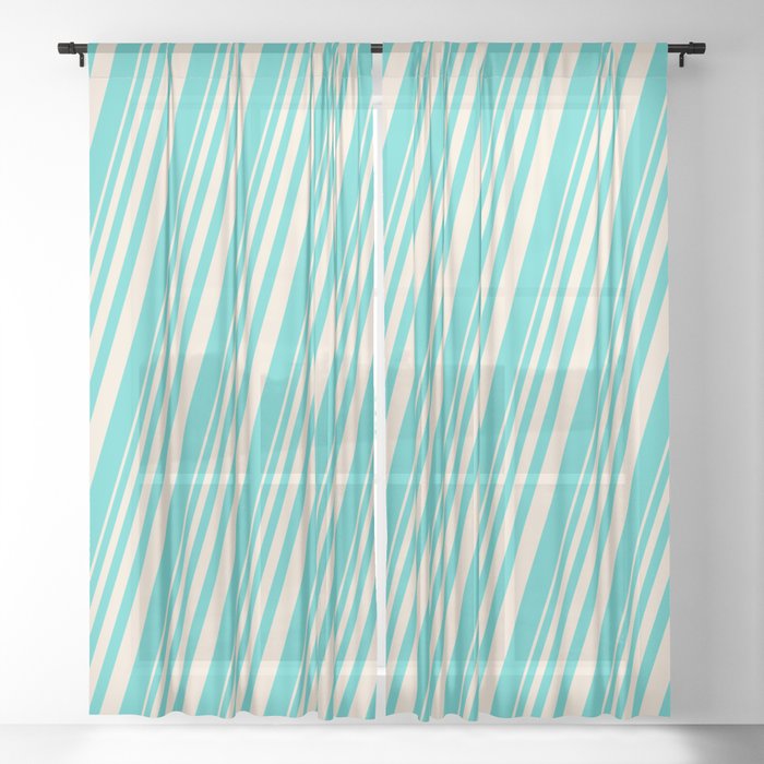 Beige and Turquoise Colored Lines Pattern Sheer Curtain