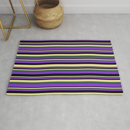 [ Thumbnail: Tan, Dark Slate Gray, Purple, and Black Colored Stripes/Lines Pattern Rug ]