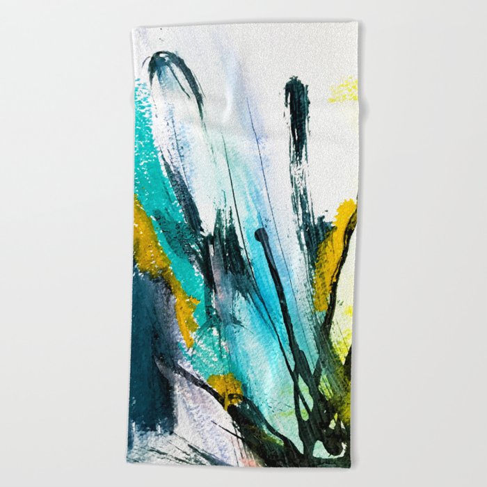 Splash: a vibrant mixed media piece in blues and yellows Beach Towel