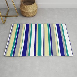[ Thumbnail: Eye-catching Dark Cyan, Pale Goldenrod, Dark Grey, Blue, and White Colored Lines Pattern Rug ]
