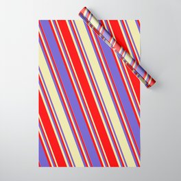 [ Thumbnail: Red, Slate Blue, and Pale Goldenrod Colored Lined/Striped Pattern Wrapping Paper ]