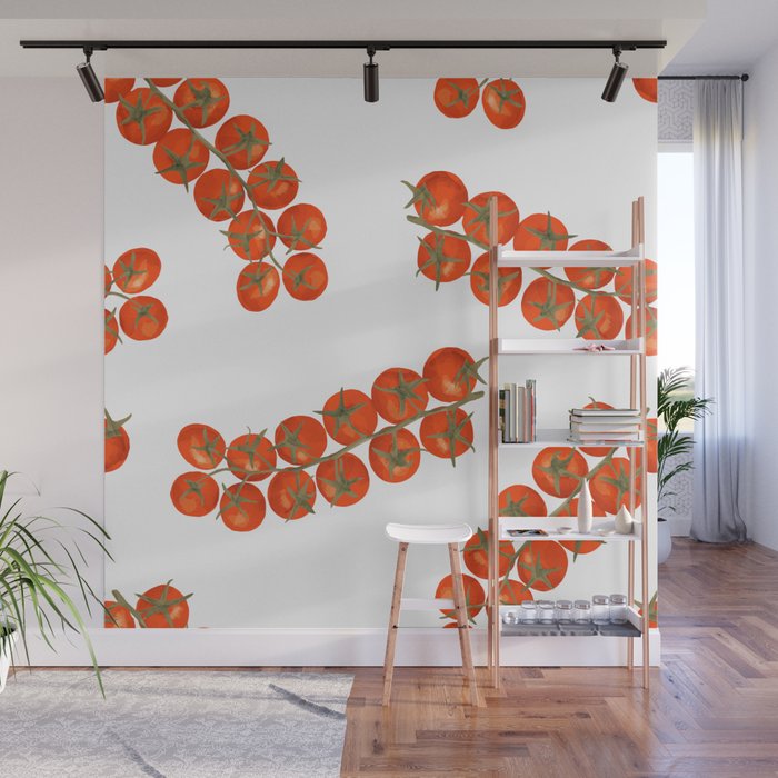 Red tomato branch watercolor pattern print Wall Mural