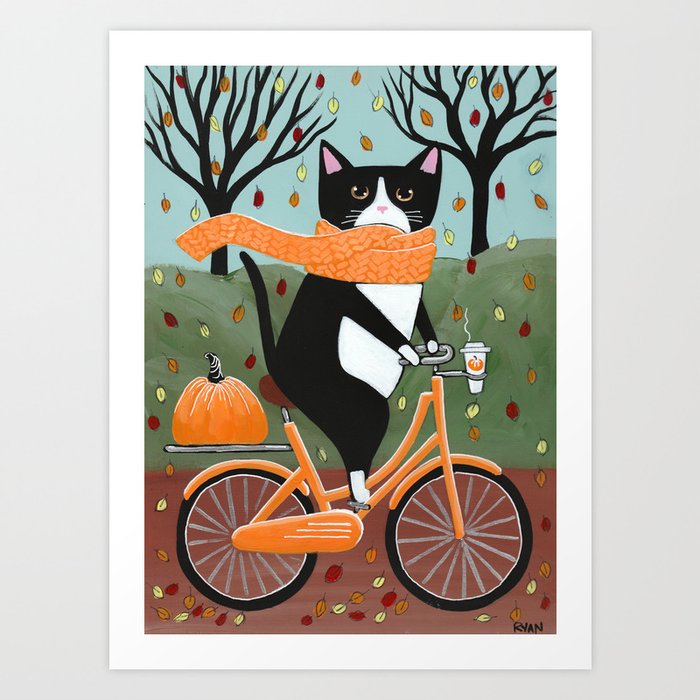 Tuxedo Cat Autumn Bicycle Ride Art Print