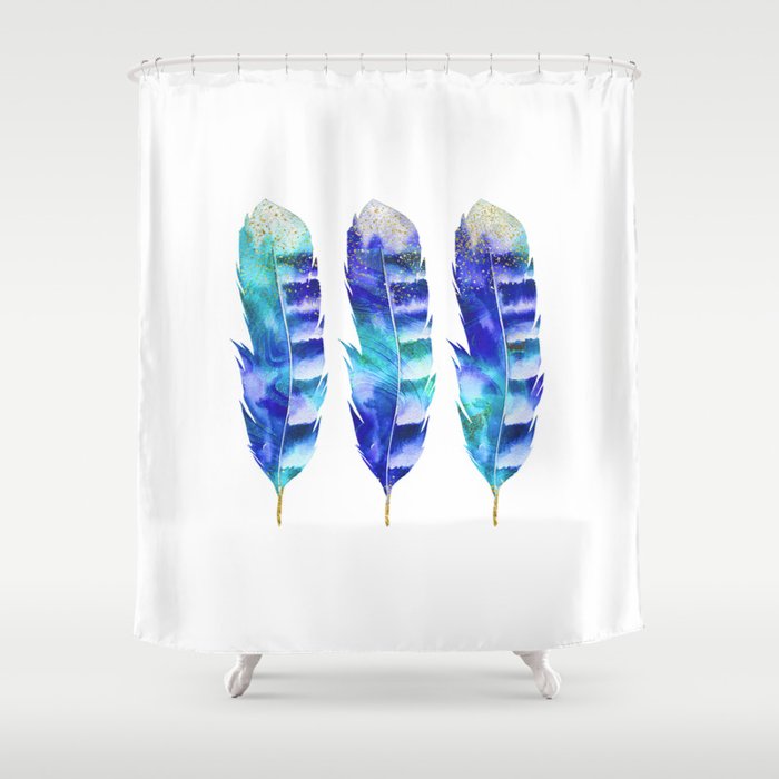 Blue Turquoise Watercolor Feather Art, Turquoise Feather Shower Curtains