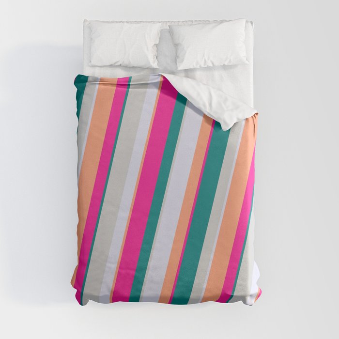 Deep Pink, Teal, Light Grey, Lavender, and Light Salmon Colored Lined Pattern Duvet Cover