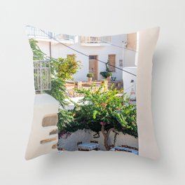 Mediterranean Greek Restaurant in the Sun | Summer Travel Photography in Greece, South of Europe | City View Throw Pillow