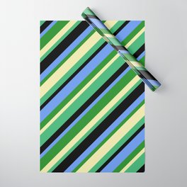 [ Thumbnail: Cornflower Blue, Forest Green, Pale Goldenrod, Sea Green & Black Colored Lines Pattern Wrapping Paper ]