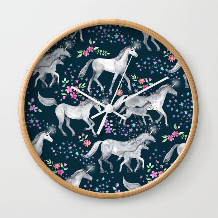 Unicorns and Stars on Dark Teal Wall Clock