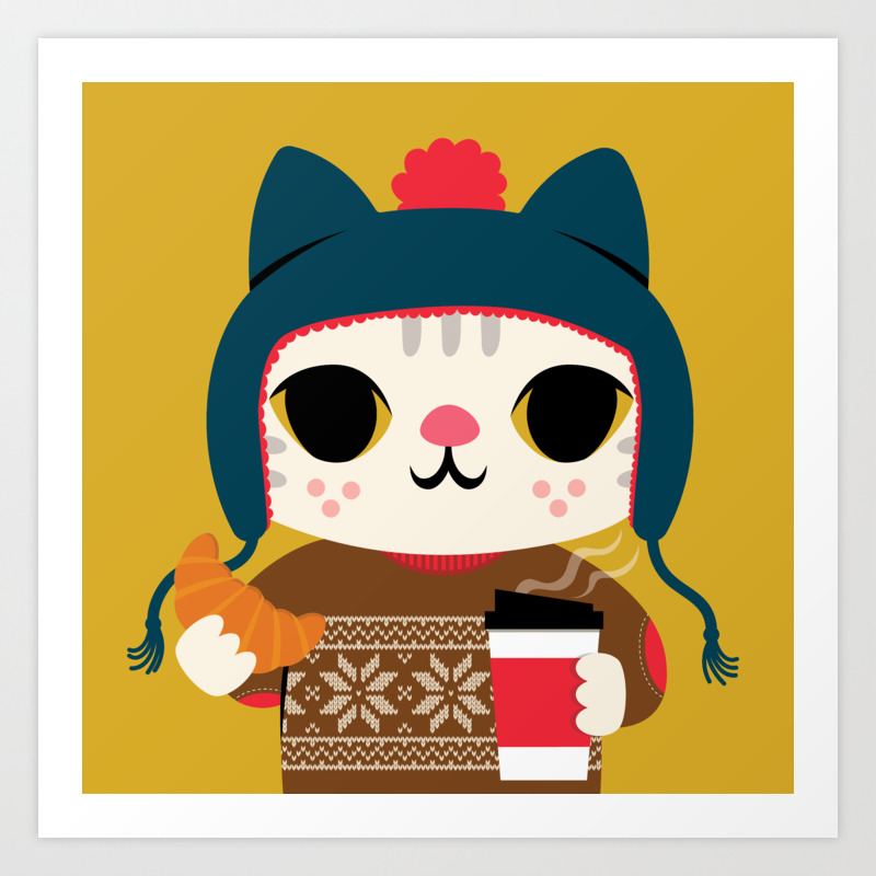 Holiday Cat In A Sweater Mustard Yellow Art Print By
