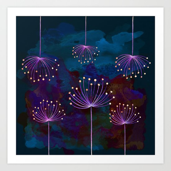 luminous dandelions on petrol blue Art Print