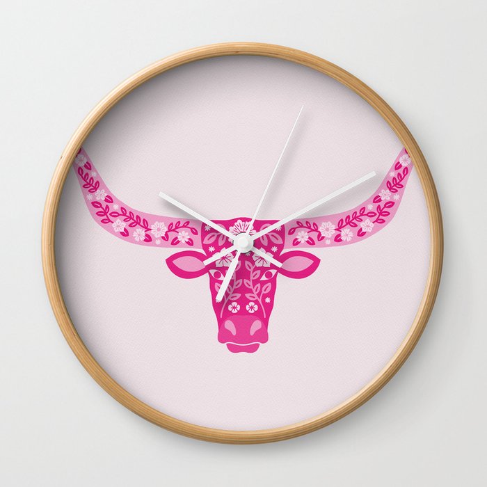 Floral Longhorn – Hot Pink Wall Clock