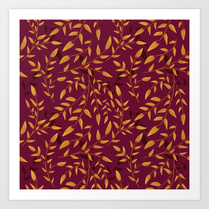 Golden Leaves and Berries Pattern Art Print